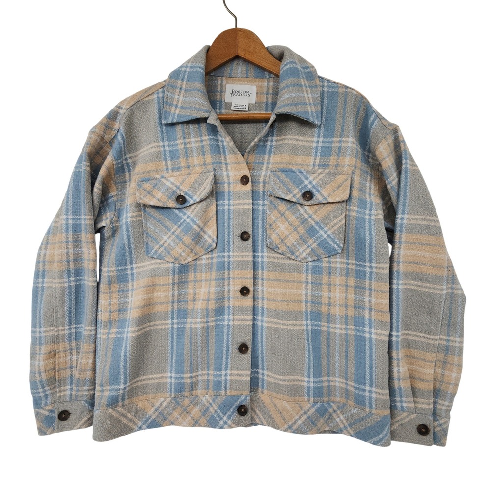 Boston Traders Trucker Jacket M Women Shirt Shacket Lt Blue Tan Plaid Wool Nylon